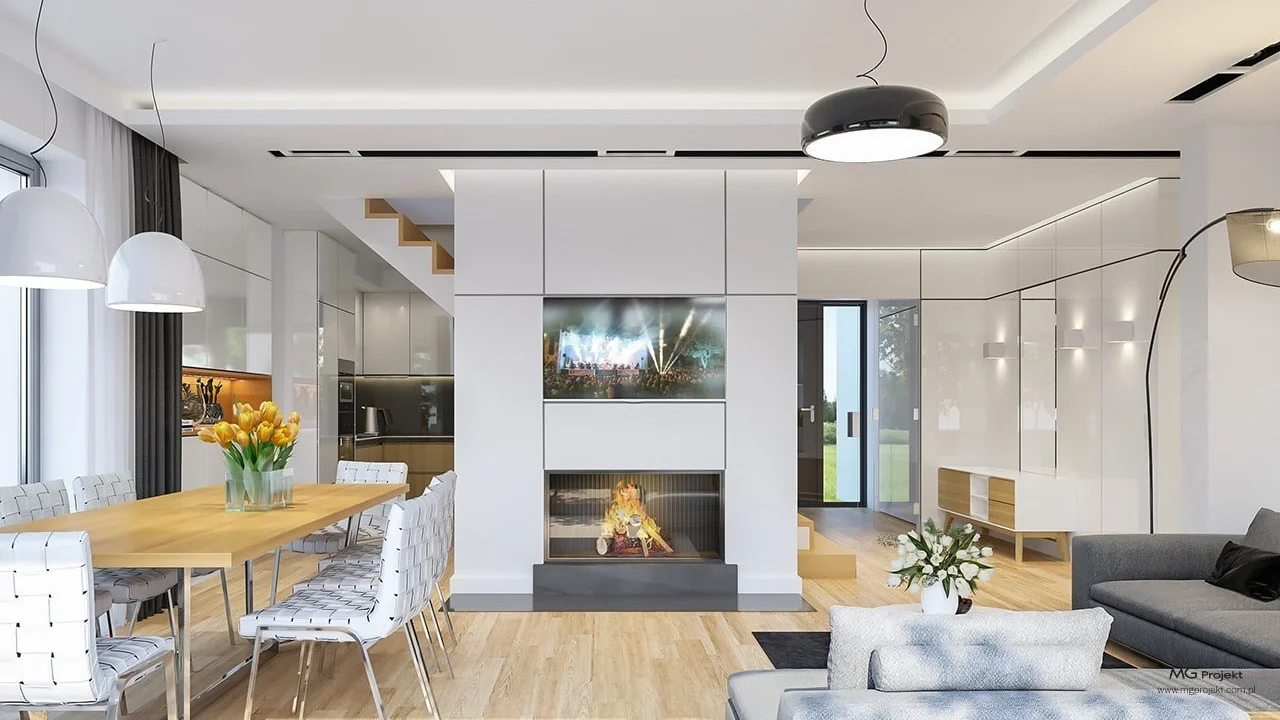 Salon z kominkiem w Domy Akacjowa.